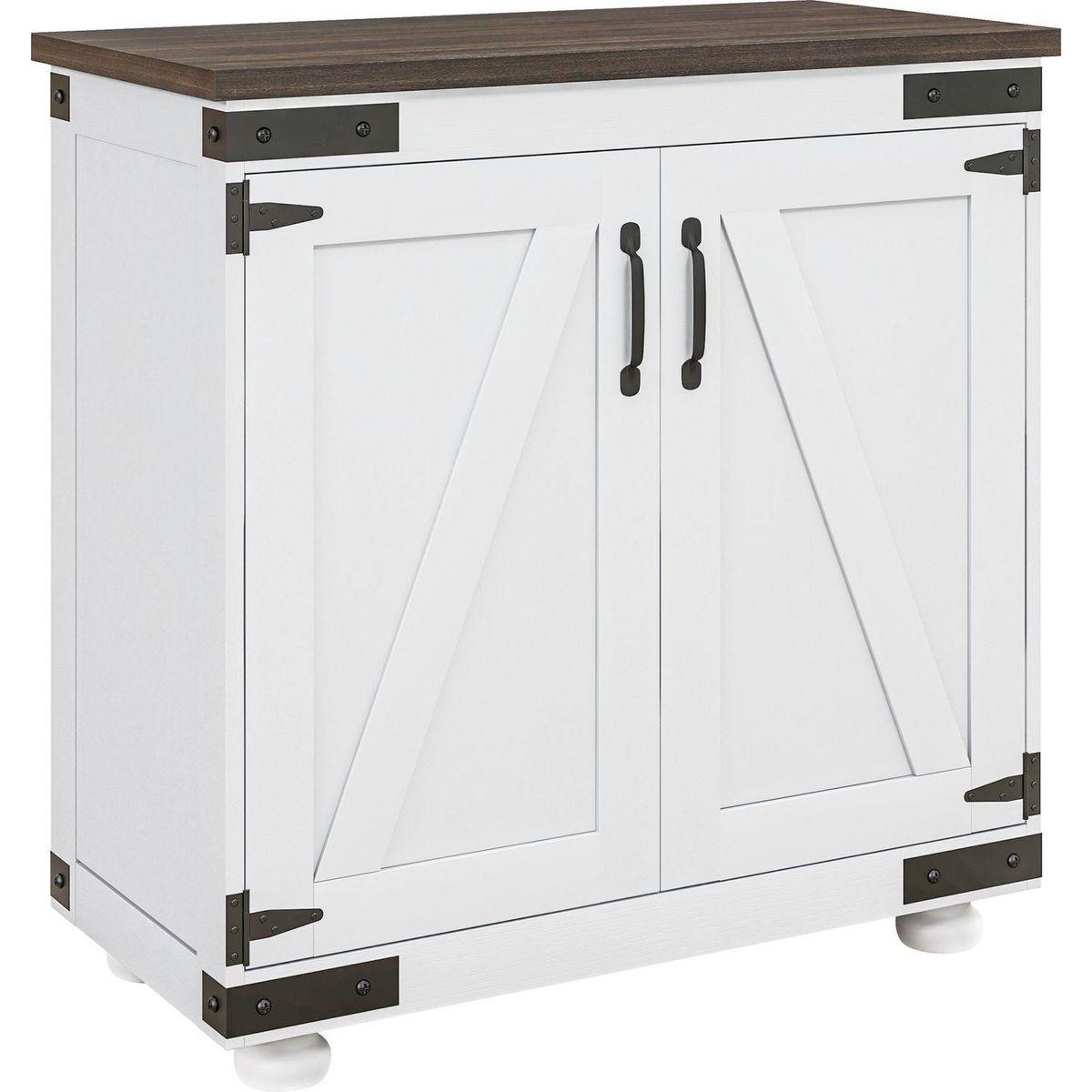 Modern Farmhouse Sideboard, Buffet Cabinet with Barn Style Door and Adjustable Shelf, Kitchen Storage Cabinet with Wood Legs, Distressed White and Brown