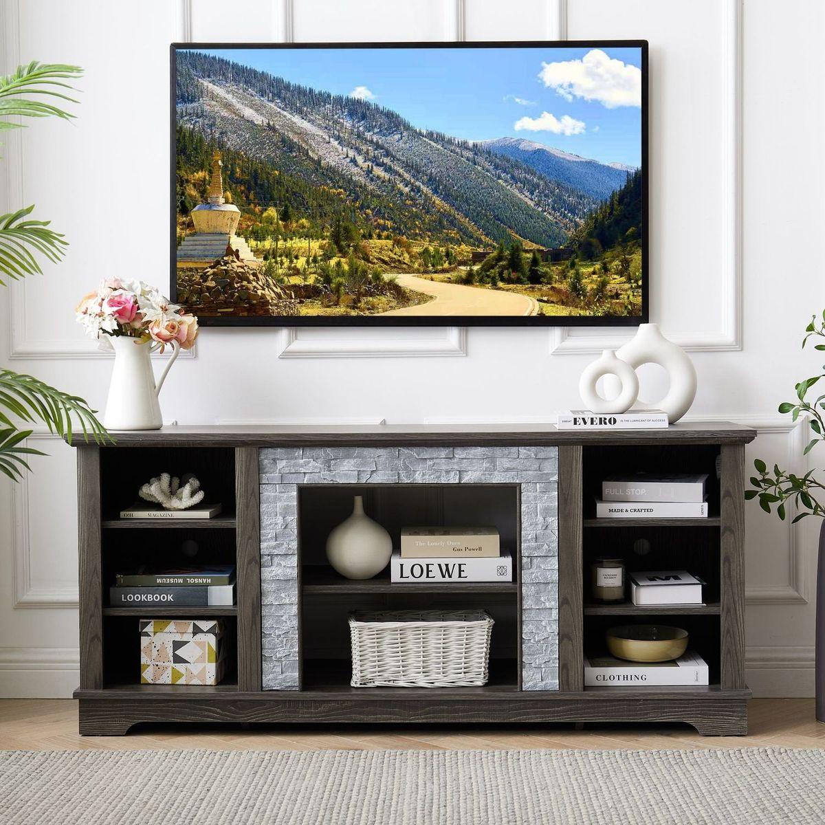 Mantel Stone TV Media Stand with with Faux Stacked Stone Surround, Modern Entertainment Console with Open Storage Space,Grey, 58.31"Wx15.39"Dx26.06"H