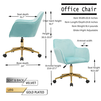 Modern Velvet Fabric Material Adjustable Height 360 revolving Home Office Chair with Gold Metal Legs and Universal Wheels for Indoor,Aqua Light Blue