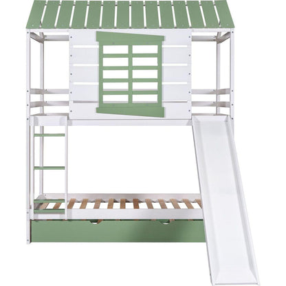 Twin over Twin Size House Bunk Bed with Convertible Slide and Trundle, White+Green