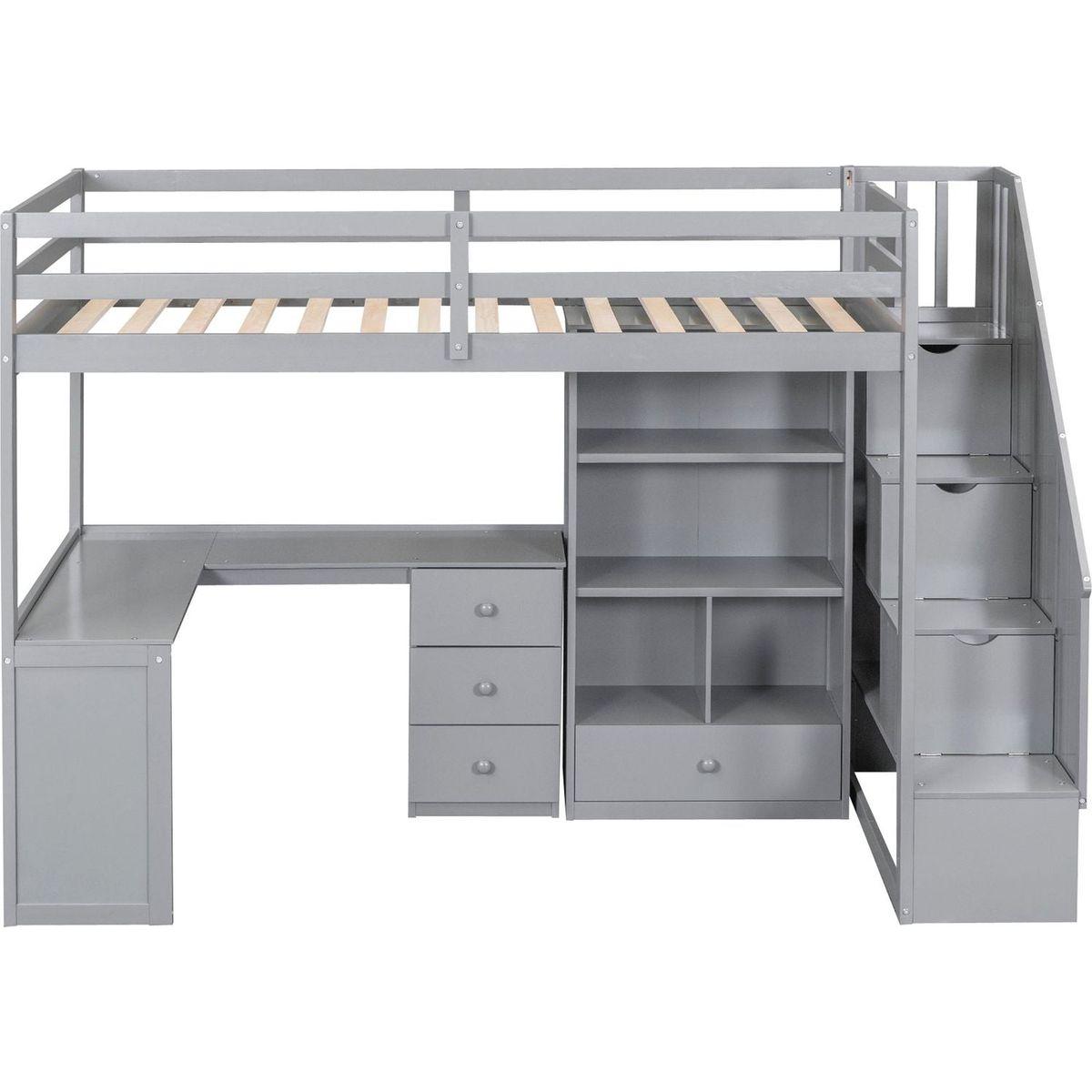 Twin Size Loft Bed with L-Shaped Desk and Drawers, Cabinet and Storage Staircase, Gray