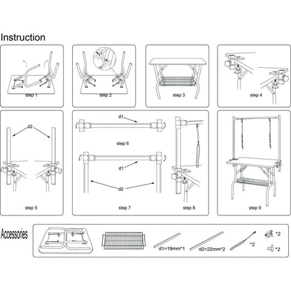 42" Folding Dog Pet Grooming Table Stainless Steel Frame Rubber Mat on Board with Adjustable Arm and Clamps pet dog Cat Grooming Table (SILVER-GRAY COLOR)