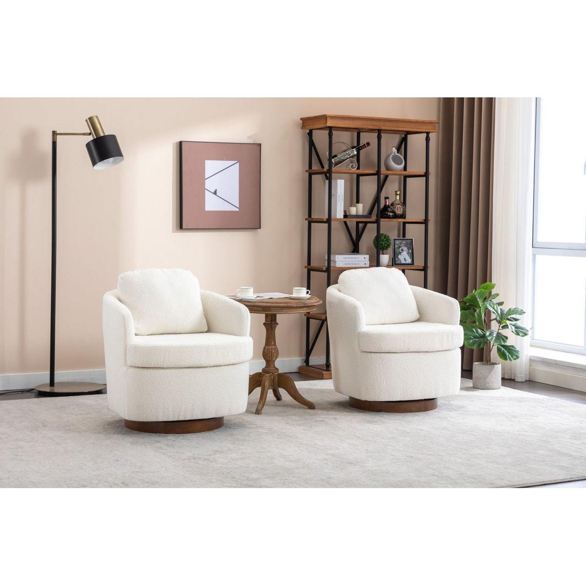 Boucle Fabric Swivel Accent Chair With Soild Wood Round Brown Base Leg,Ivory