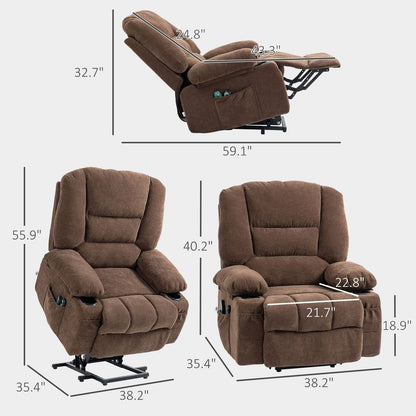 Power Lift Recliner Chair Sofa with Vibration Massage and Heat, Fabric Lift Chair for Elderly, Massage Recliner Chair with Remote Control, Side Pockets, Quick Assembly, Brown