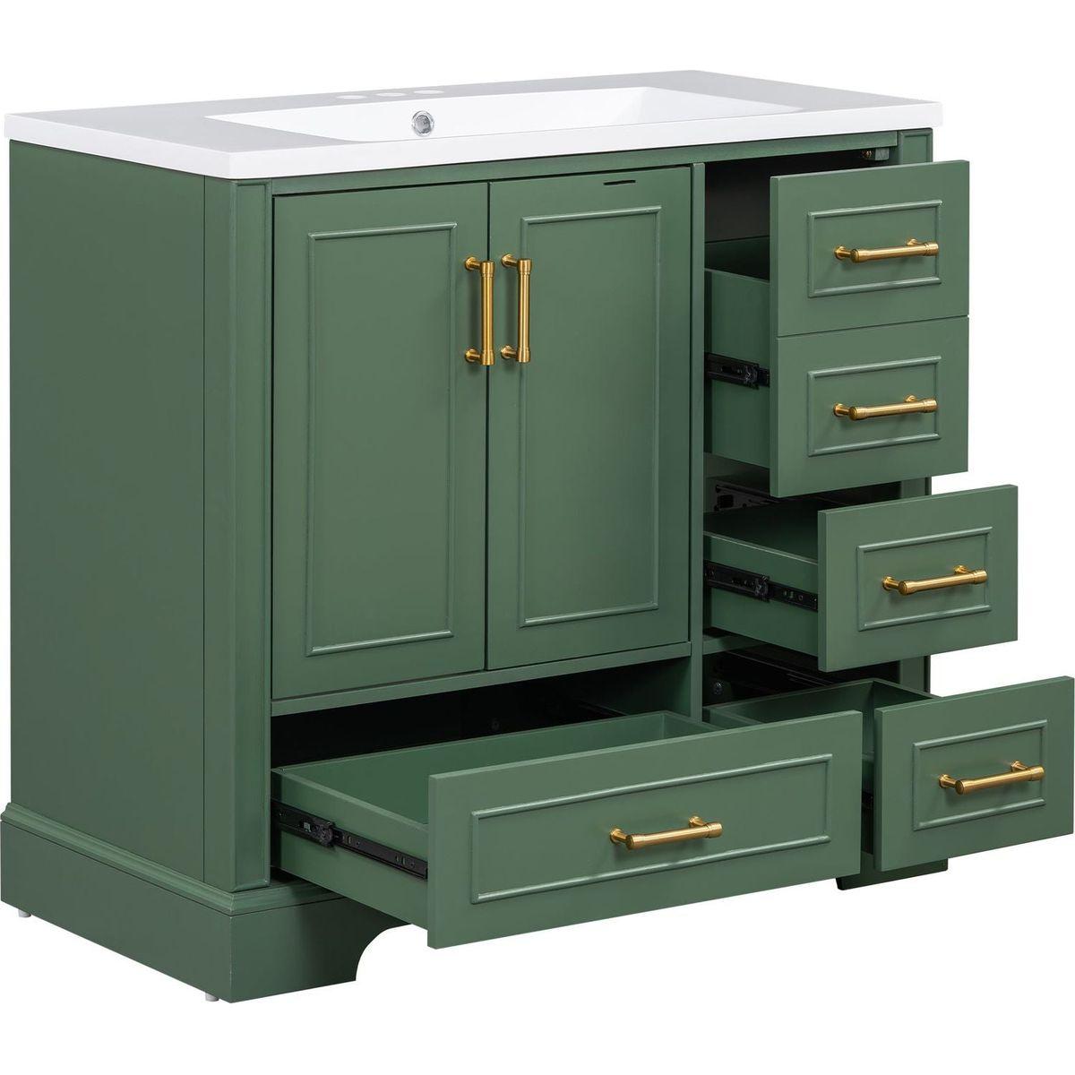 36-inch Traditional Bathroom Vanity with Resin Sink Combo Set, Green Bathroom Cabinet with Two Doors and Four Drawers