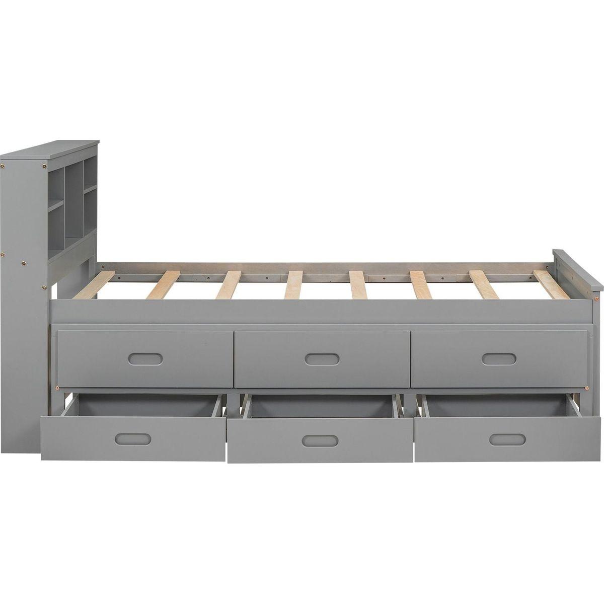 Twin Size Platform Bed with Storage Headboard, USB, Twin Size Trundle and 3 Drawers, Gray