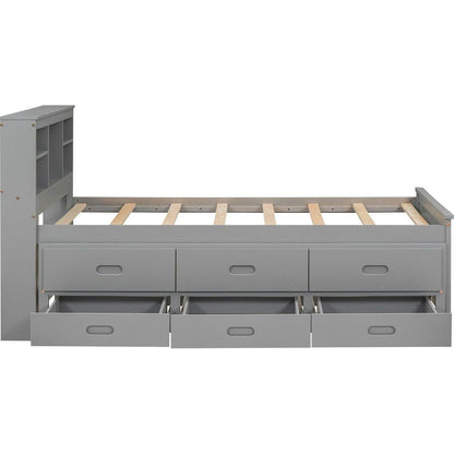 Twin Size Platform Bed with Storage Headboard, USB, Twin Size Trundle and 3 Drawers, Gray