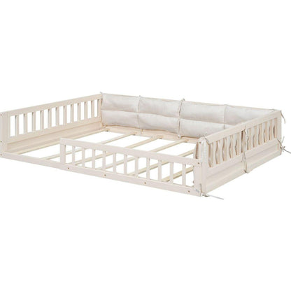 Wood Full Size Upholstered Platform Bed with Guardrail and Pillow, Beige