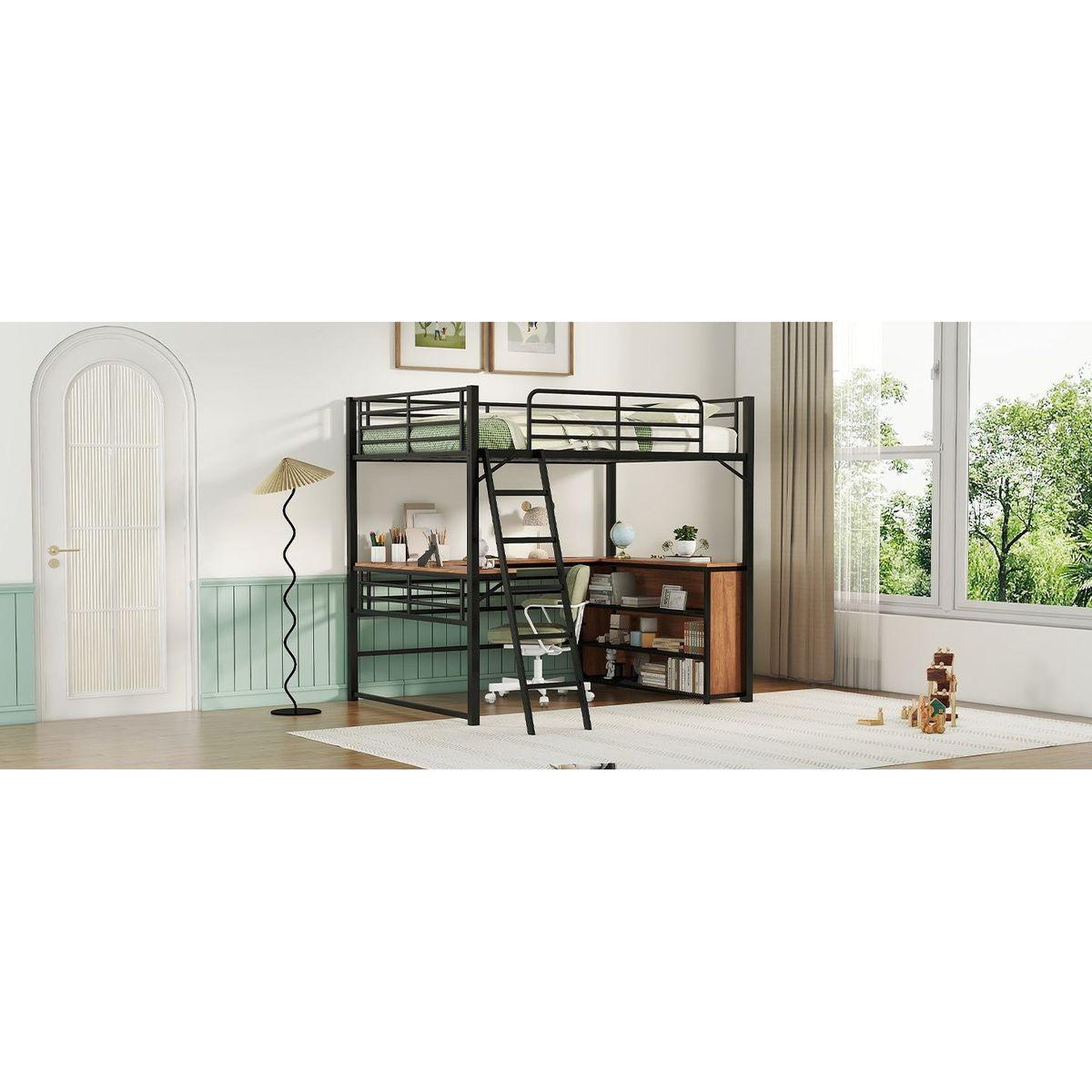 Full Size Metal Loft Bed with 3 Layers of Shelves and L-shaped Desk, Black