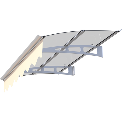 DA5934C Series Door Window Awning Canopy Made of 0.137Inch Thick Crystal Solid Polycarbonate Sheet and Aluminum Alloy with Valance in size of 59" Wide x 34" Deep for Masonry Concrete Wall House only.