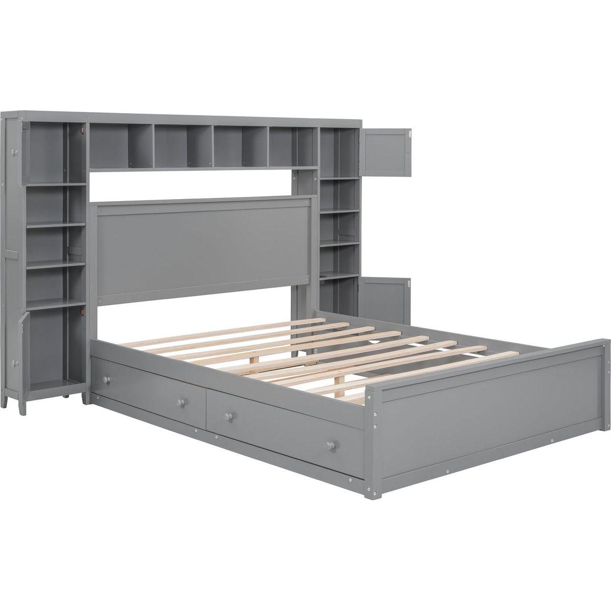 Queen Size Wooden Bed With All-in-One Cabinet, Shelf and Sockets, Gray