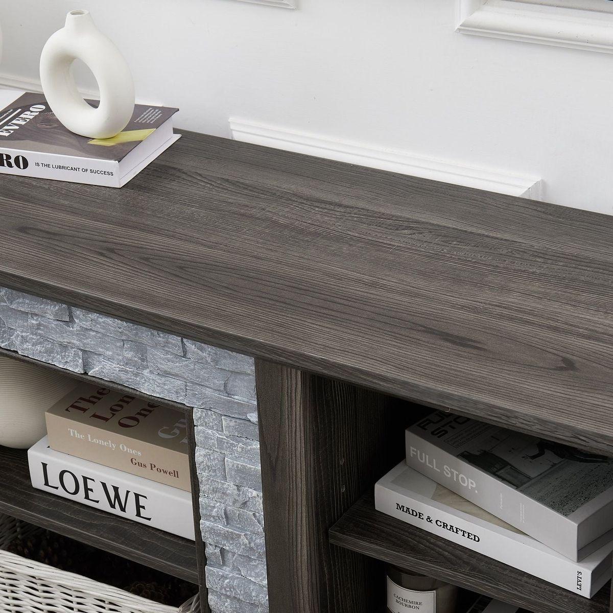 Mantel Stone TV Media Stand with with Faux Stacked Stone Surround, Modern Entertainment Console with Open Storage Space,Grey, 58.31"Wx15.39"Dx26.06"H