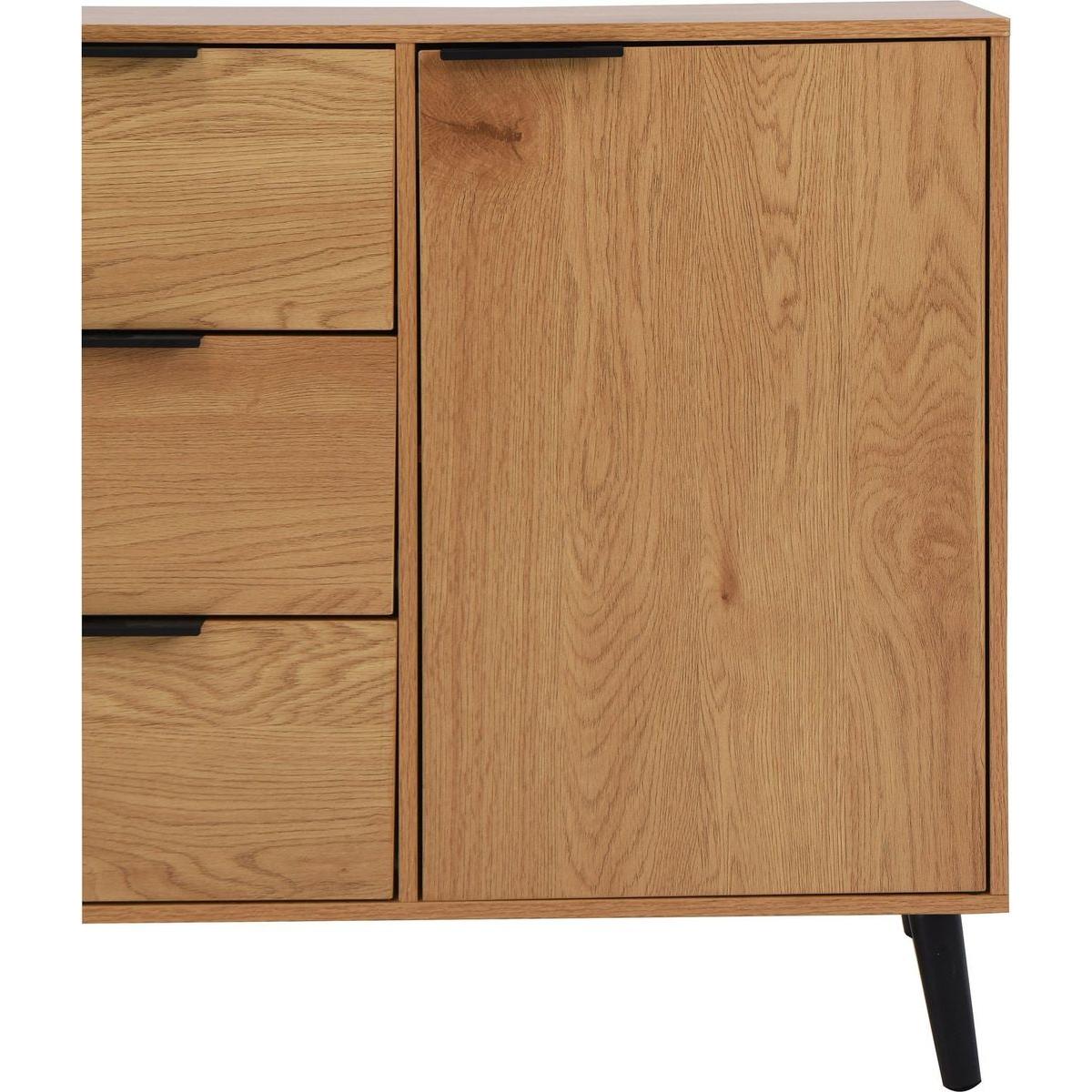 Storage Cabinet with 3 Drawers & Adjustable Shelf, Mid Century Cabinet with Door, Accent Cabinet for Living Room, Home Office, Entryway, Natural Wood Color