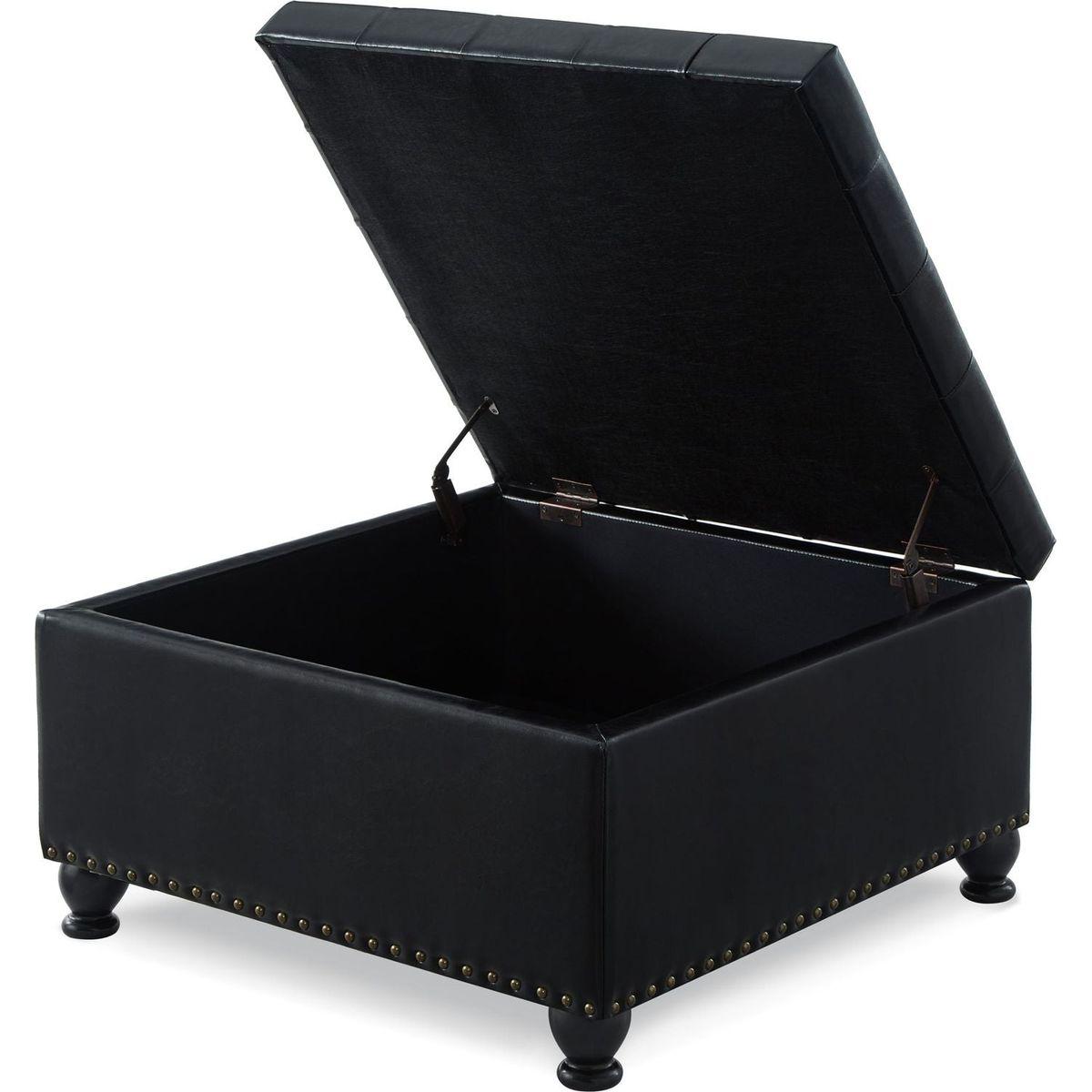 Large square storage ottoman with wooden legs, Upholstered button tufted coffee table with nail trims for Living Space, Black