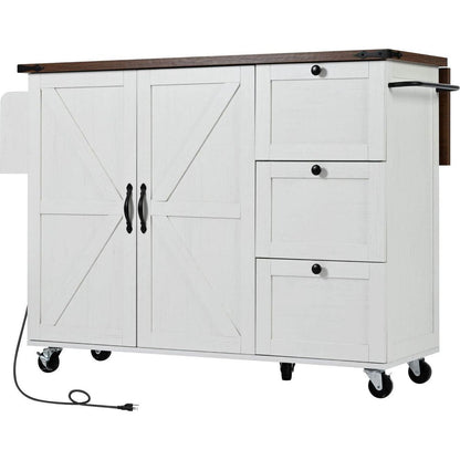 54.5" Farmhouse Kitchen Island with Power Outlet, Kitchen Storage Island with Internal Storage Rack, Drop Leaf, Spice Rack, Rolling Kitchen Cart on Wheels, for Home, Kitchen and Dining Room,White
