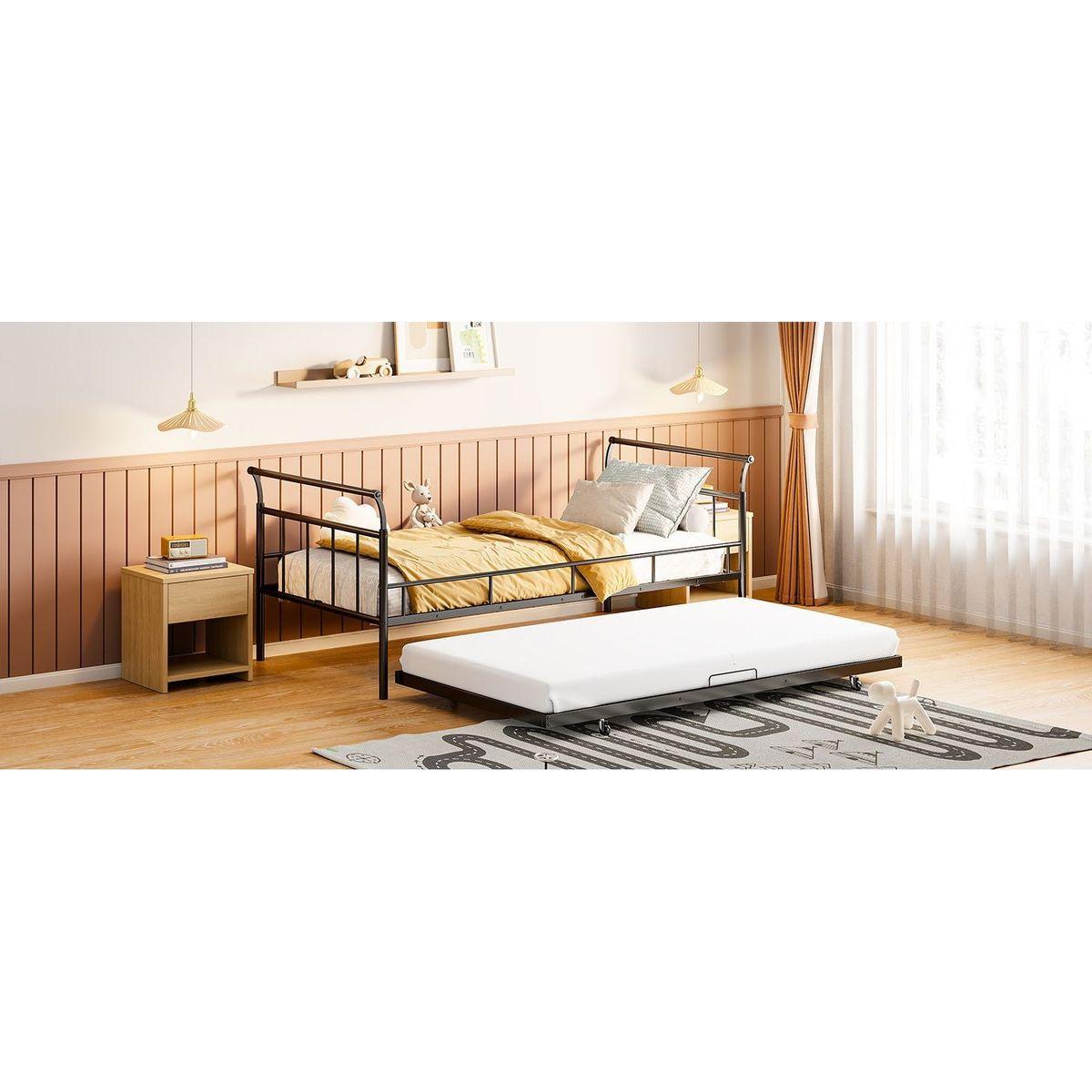 Twin Size Metal Daybed with Curved Handle Design and Twin Size Trundle, Black