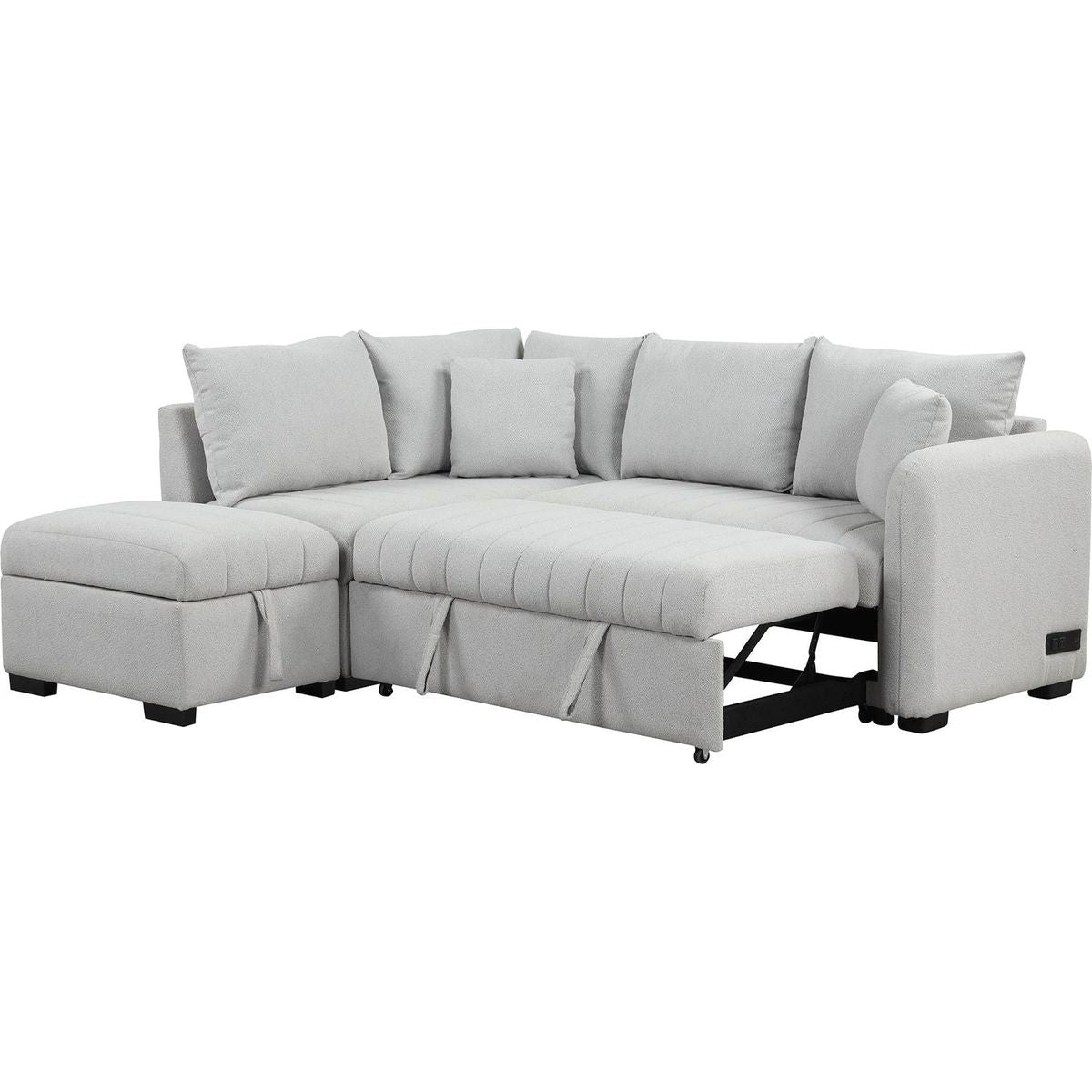 82.6" L-shaped Sectional Pull Out Sofa Bed Sleeper Sofa with Two USB Ports, Two Power Sockets and a Movable Storage Ottoman, Gray