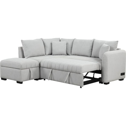 82.6" L-shaped Sectional Pull Out Sofa Bed Sleeper Sofa with Two USB Ports, Two Power Sockets and a Movable Storage Ottoman, Gray