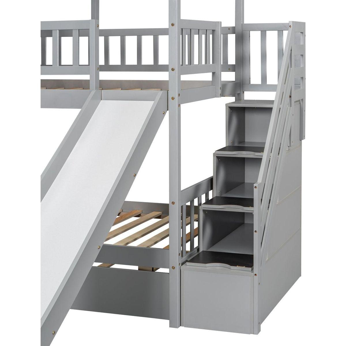 Twin over Twin House Bunk Bed with Trundle and Slide, Storage Staircase, Roof and Window Design, Gray