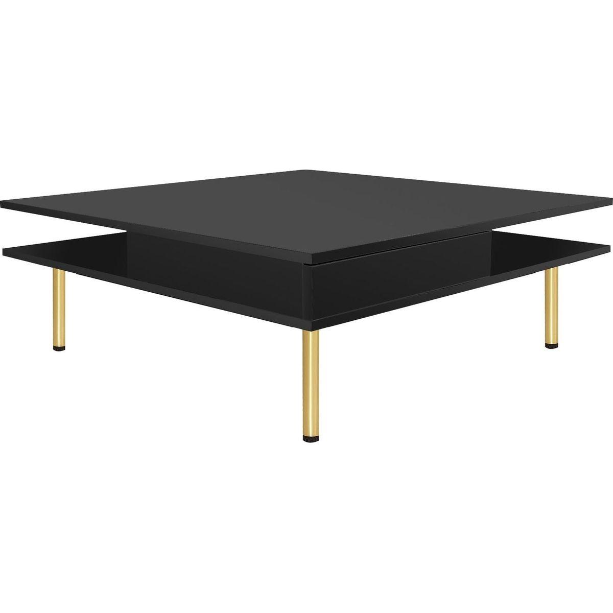 Exquisite High Gloss Coffee Table with 4 Golden Legs and 2 Small Drawers, 2-Tier Square Center Table for Living Room, Black