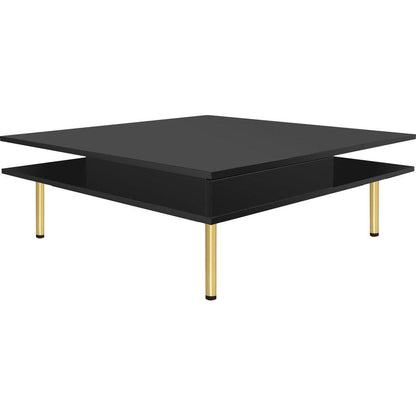 Exquisite High Gloss Coffee Table with 4 Golden Legs and 2 Small Drawers, 2-Tier Square Center Table for Living Room, Black