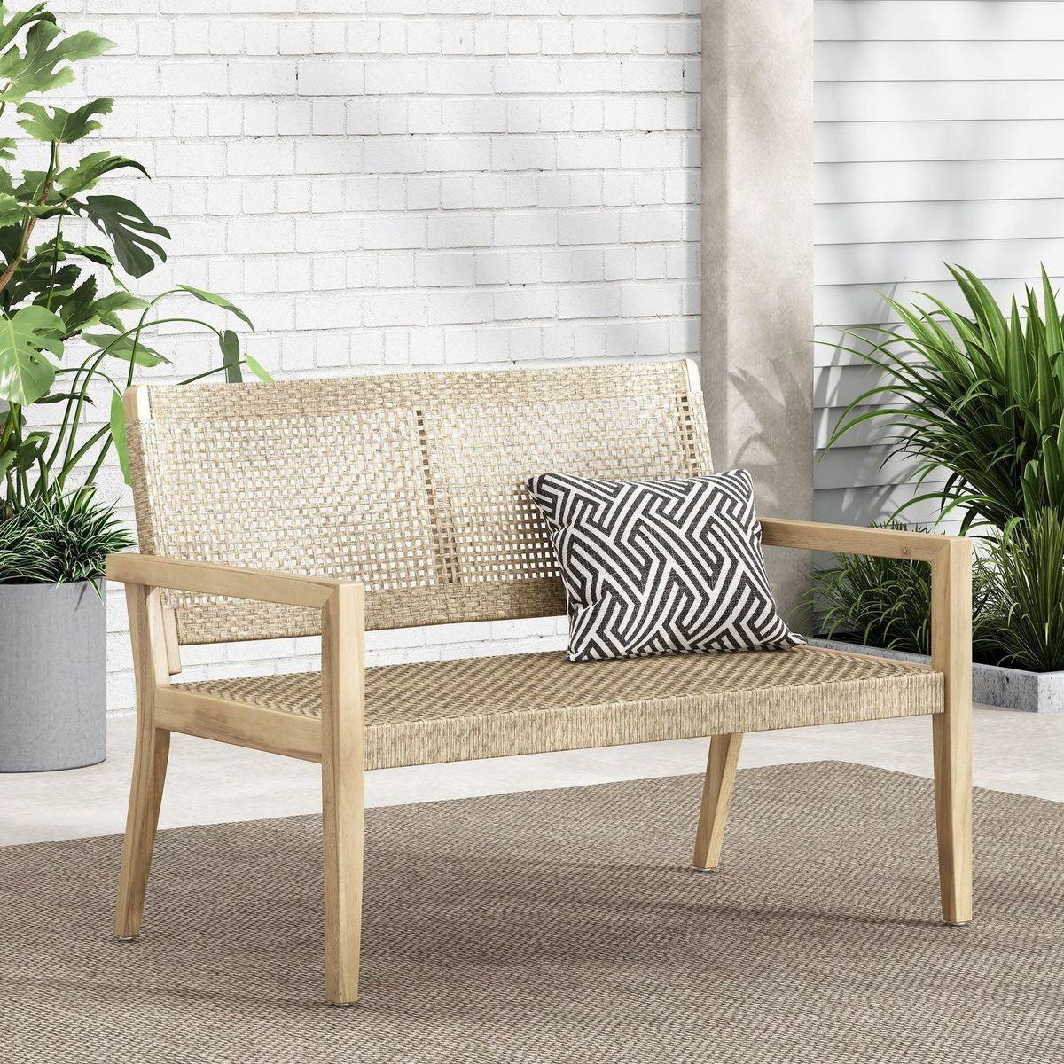 Outdoor Wicker and Acacia Wood Loveseat, Light Multibrown and Light Brown, 34" H X 46.5" W X 27.25" D