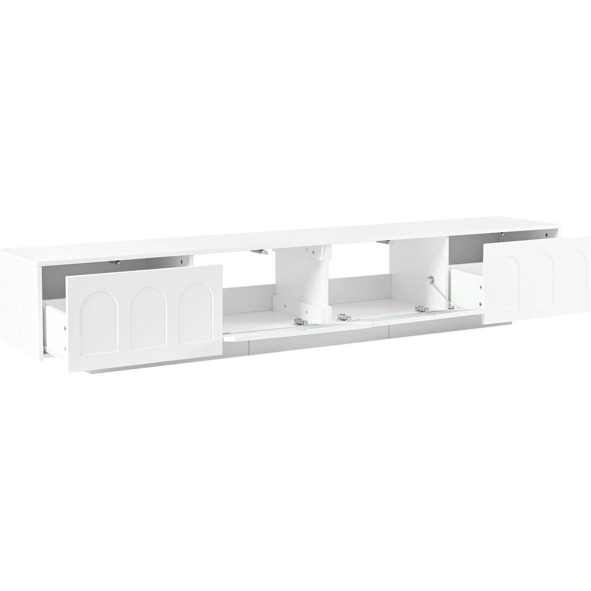 TV Stand with Fluted tempered Glass Doors for TVs Up to 95", Functional Media Console with Arched Cabinet Doors, Entertainment Center with APP-Controlled LED Light for Living Room, White