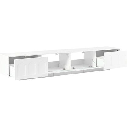 TV Stand with Fluted tempered Glass Doors for TVs Up to 95", Functional Media Console with Arched Cabinet Doors, Entertainment Center with APP-Controlled LED Light for Living Room, White