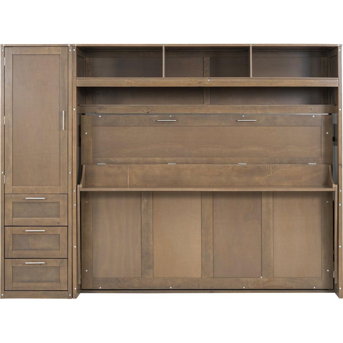 Full Size Murphy Bed with Wardrobe, Drawers and Open Shelves, Antique Grey