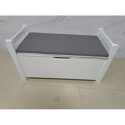 Kids Toy Box Chest, White Rubber Wood Toy Box for Boys Girls, Large Storage Cabinet with Cushion Seat Bench/Flip-Top Lid/Safety Hinge, Toy Storage Organizer Trunk for Nursery, Playroom