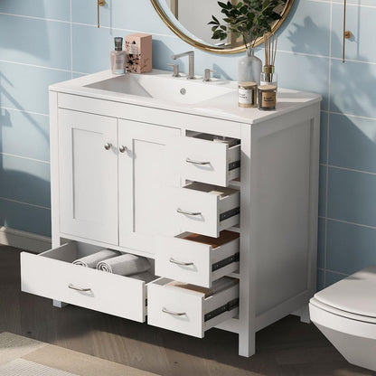 36" White Bathroom Vanity with Ceramic Sink Combo, Abundant Storage Cabinet -2 Soft-close doors and 5 drawers