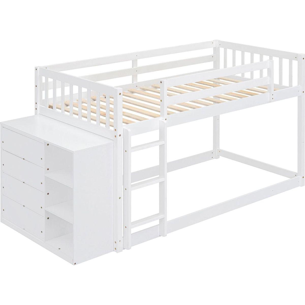 Twin over Twin Bunk Bed with 4 Drawers and 3 Shelves-White
