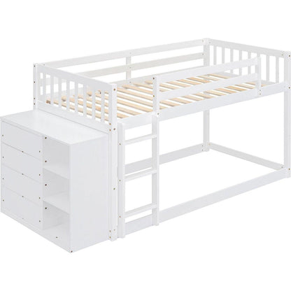 Twin over Twin Bunk Bed with 4 Drawers and 3 Shelves-White