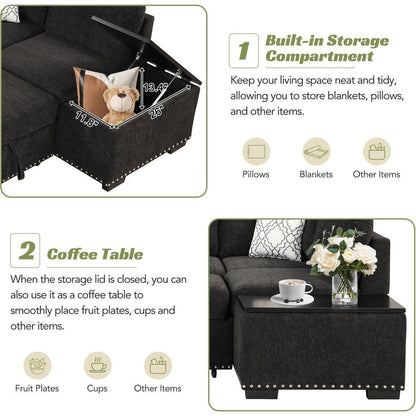 83.8" Reversible Sectional Pull-Out Sofa Bed L-Shaped Corner Sofa Couch with Storage Chaise, USB Ports, Power Sockets, Cup Holder for Living Room, Bedroom, Study, Black