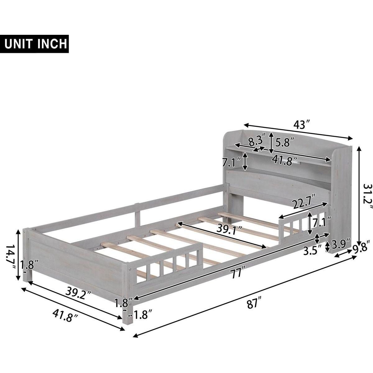 Wood Twin Size Platform Bed with Built-in LED Light, Storage Headboard and Guardrail, Antique Grey