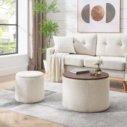 2-Piece Set Round Chenille Storage Ottoman, Equipped with a Drum Shaped Small Stool, Storage Space, and MDF Made Desktop Panel (Beige 23.62'x23.62'x16.53')
