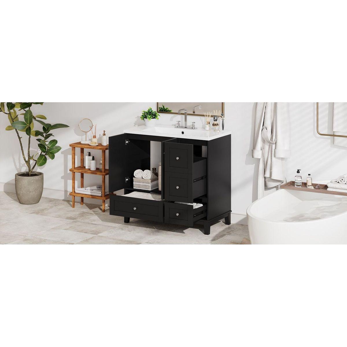 36 Inch Modern Bathroom Vanity with USB Charging, Two Doors and Three Drawers Bathroom Storage Vanity Cabinet, Small Bathroom Vanity cabinet with single sink, Black - Faucets Not Included