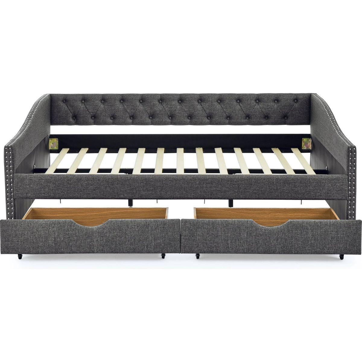 Queen Size Daybed with Drawers Upholstered Tufted Sofa Bed,,with Button on Back and Copper Nail on Waved Shape Arms(84.5"x63.5"x26.5")