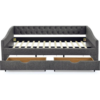 Queen Size Daybed with Drawers Upholstered Tufted Sofa Bed,,with Button on Back and Copper Nail on Waved Shape Arms(84.5"x63.5"x26.5")