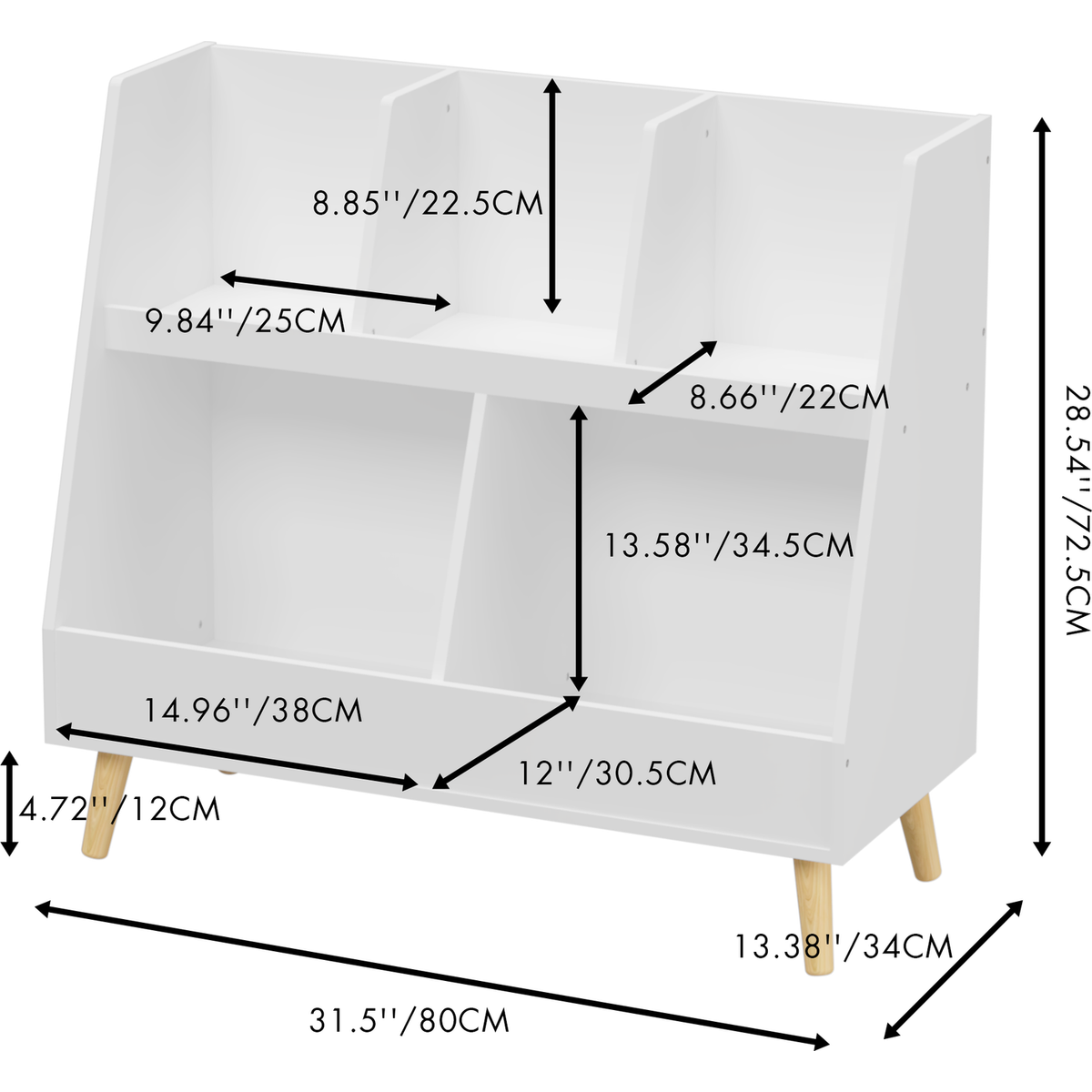 Kids Bookshelf and Toy Organizer, 5 Cubbies Wooden Open Bookcase, 2-Tier Baby Storage Display Organizer with Legs, Free Standing for Playing Room, Bedroom, Nursery, Classroom, White