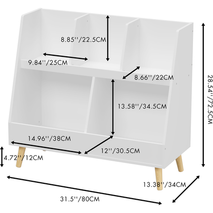 Kids Bookshelf and Toy Organizer, 5 Cubbies Wooden Open Bookcase, 2-Tier Baby Storage Display Organizer with Legs, Free Standing for Playing Room, Bedroom, Nursery, Classroom, White