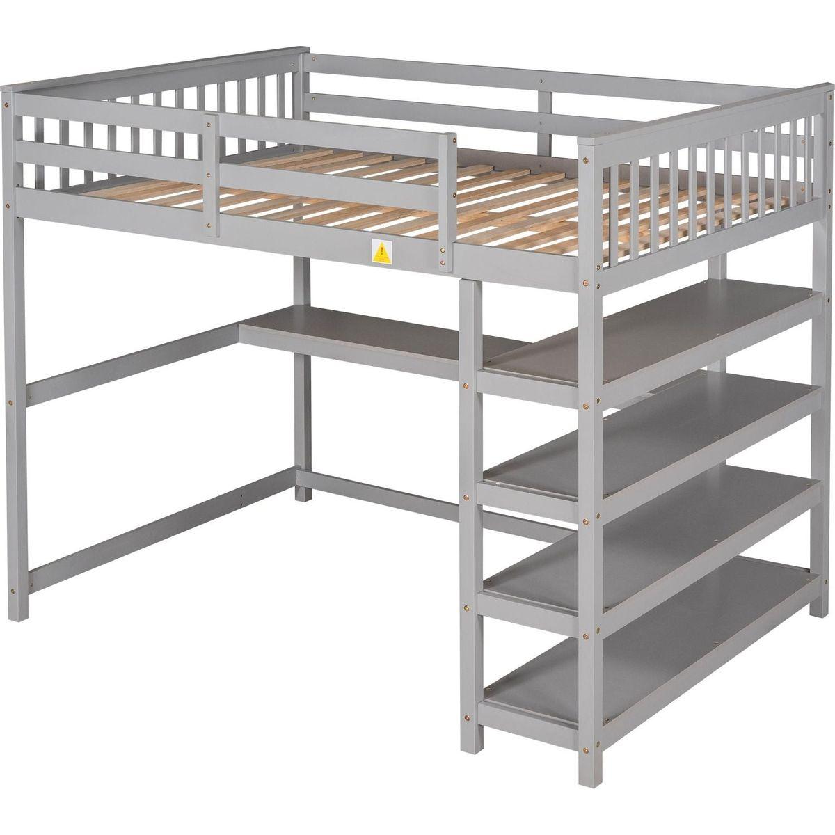 Full Size Loft Bed with Storage Shelves and Under-bed Desk, Gray