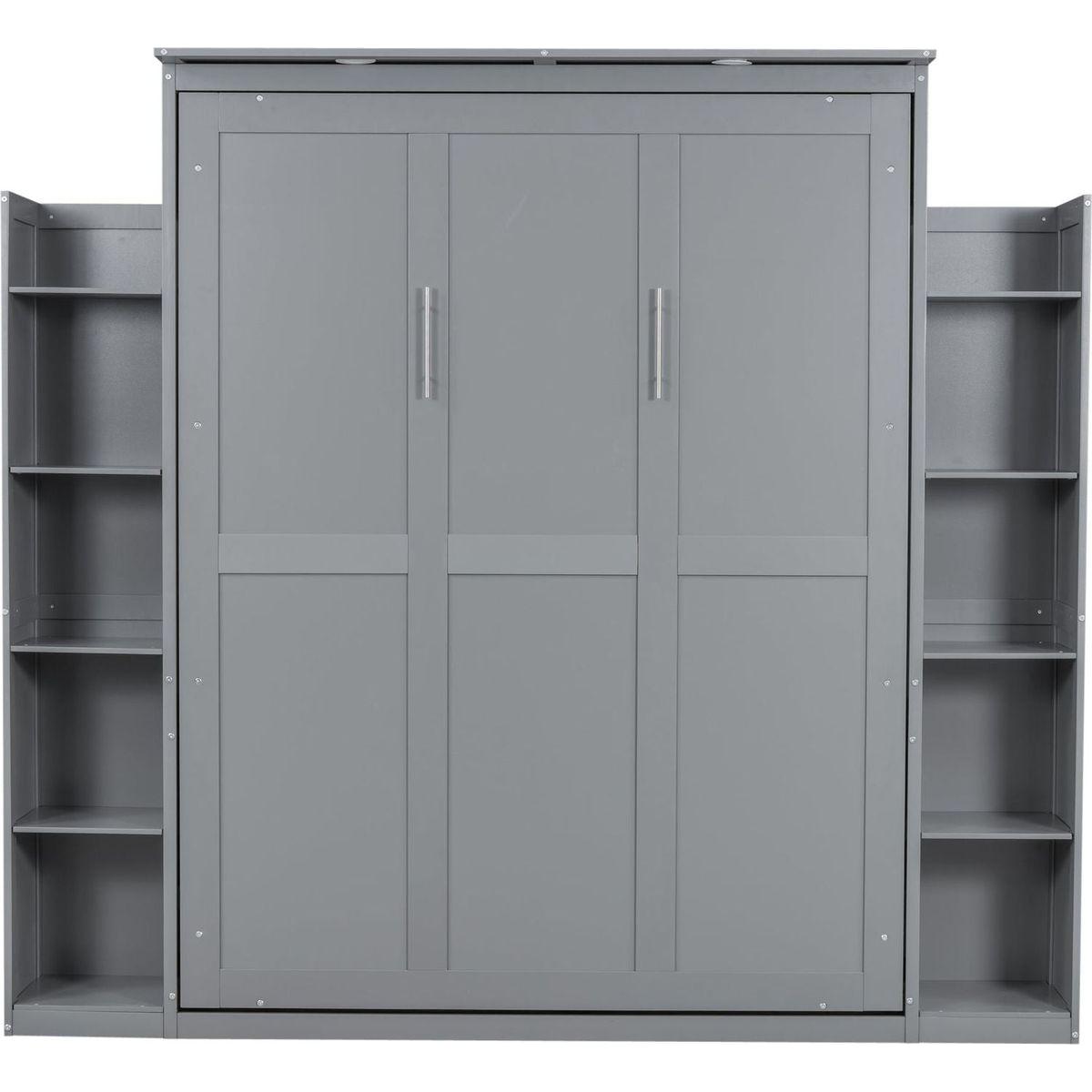 Queen Size Murphy Bed Wall Bed with Shelves and LED Lights,Gray