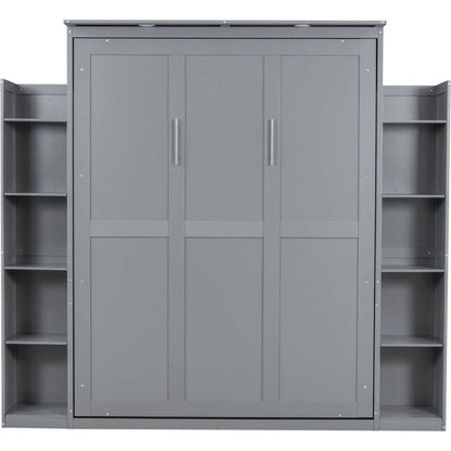 Queen Size Murphy Bed Wall Bed with Shelves and LED Lights,Gray