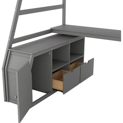 Twin Size Loft Bed with 7 Drawers 2 Shelves and Desk - Gray
