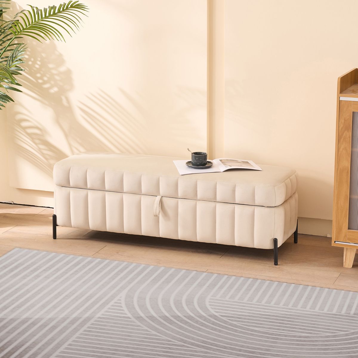 49.21'Wide Velvet Storage Soft Bench  for Living Room, Entryway and Bedroom. Beige