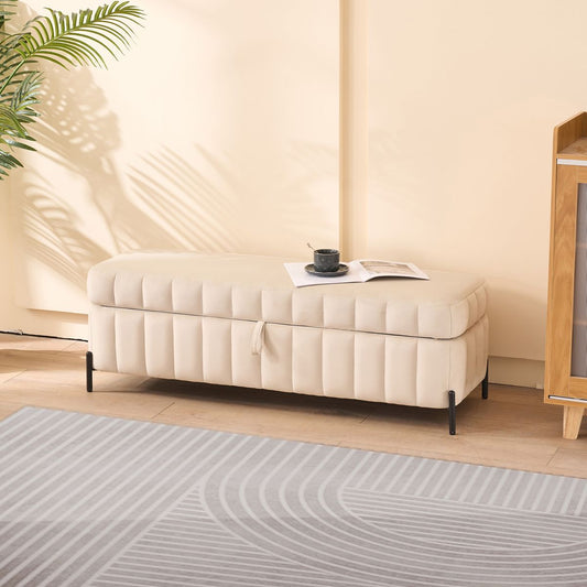 49.21'Wide Velvet Storage Soft Bench  for Living Room, Entryway and Bedroom. Beige