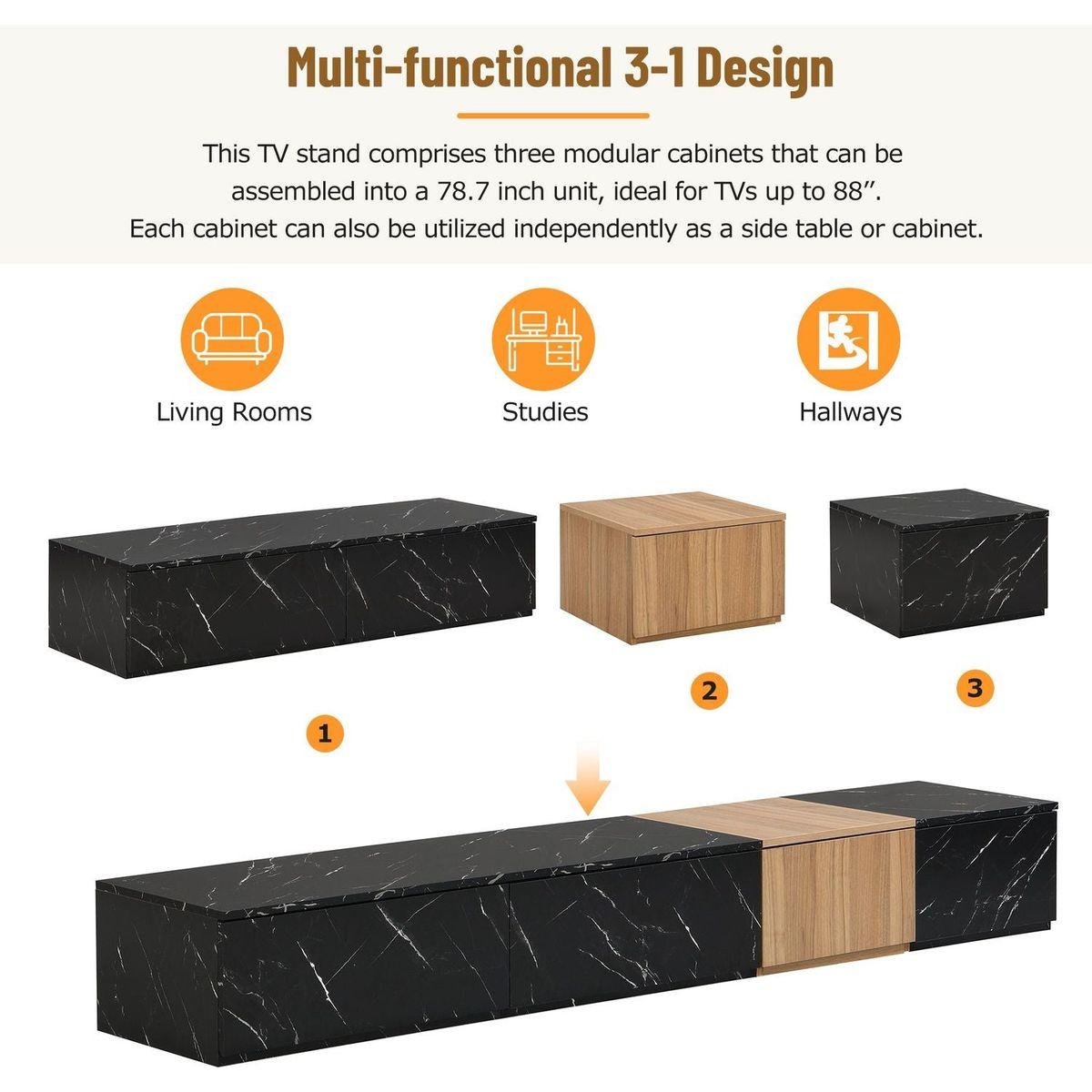 TV Stand with Faux Marble and Walnut Wood Grain Finish for TVs up to 88", Modern Free-Combination Entertainment Center with 4 Storage Drawers for Living Room, Black