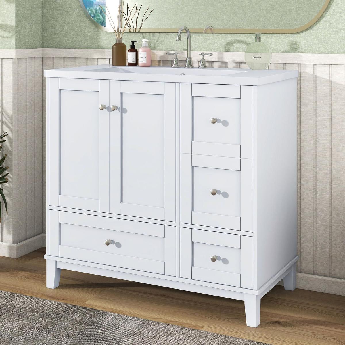 36 Inch Modern Bathroom Vanity with USB Charging, Two Doors and Three Drawers Bathroom Storage Vanity Cabinet, Small Bathroom Vanity cabinet with single sink, White & Gray Blue - Faucets Not Included