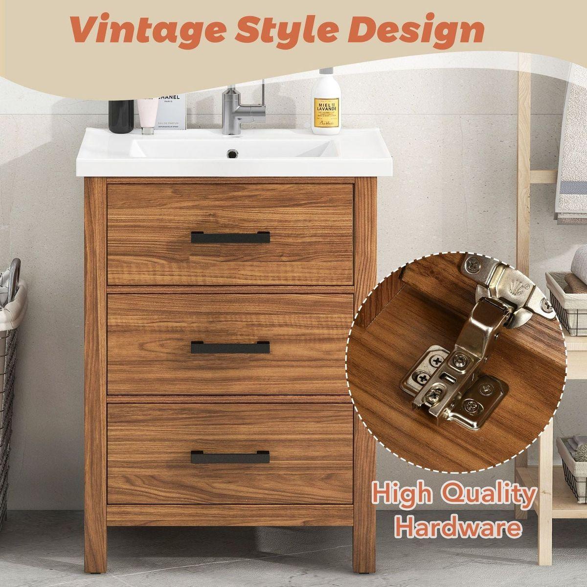 24" Bathroom Vanity with Ceramic Basin Sink, Modern Bathroom Storage Cabinet with 3 Drawers, Freestanding Bathroom Vanity Cabinet with Single Sink